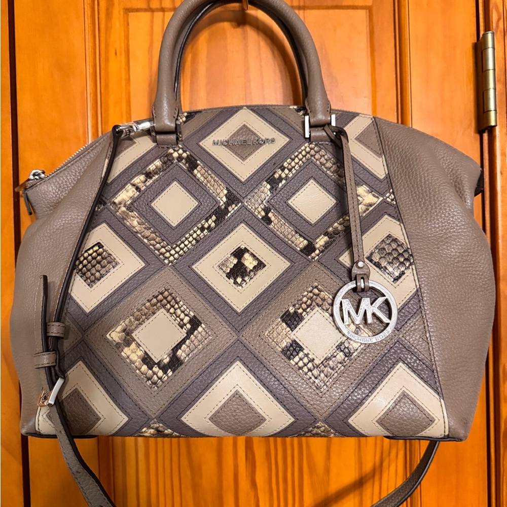 Michael Kors Gray and Cream Large Riley Satchel Bag